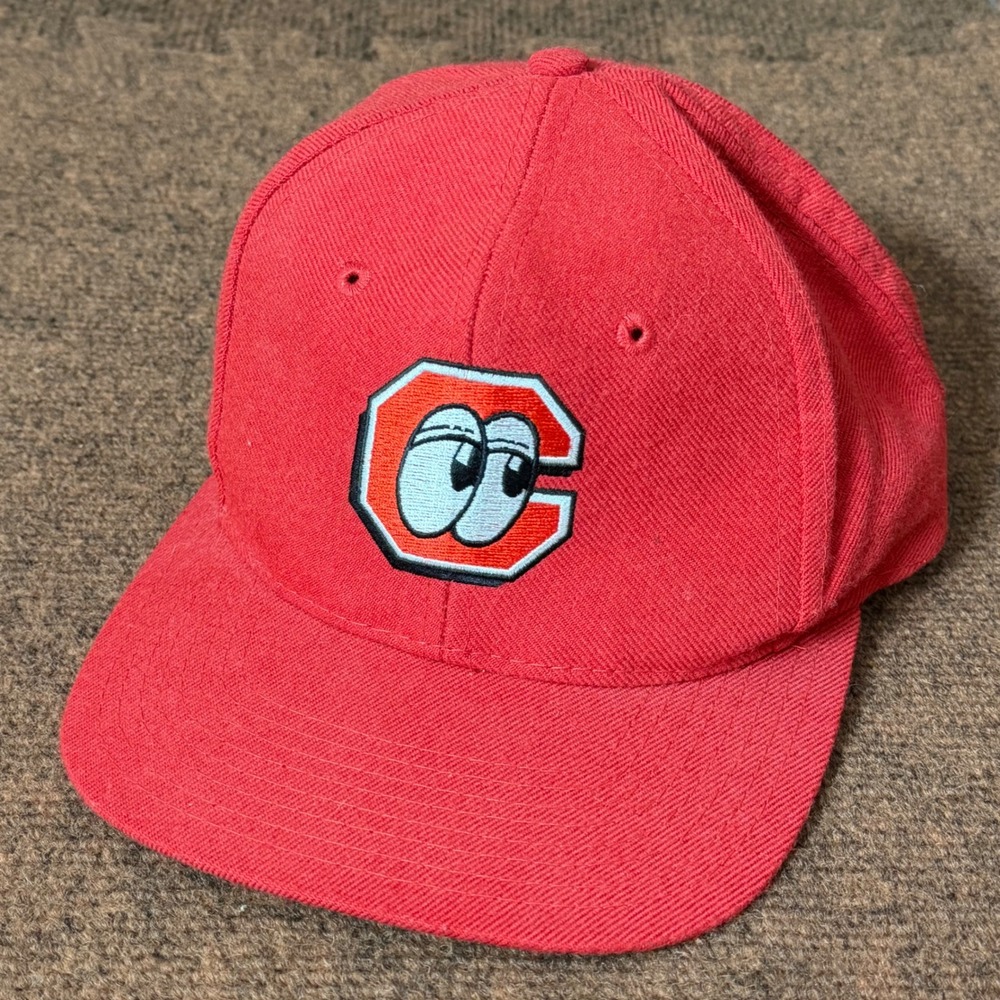 Vintage Professional Baseball Red Snapback Hat Green Underbrim Cartoon Eyes C